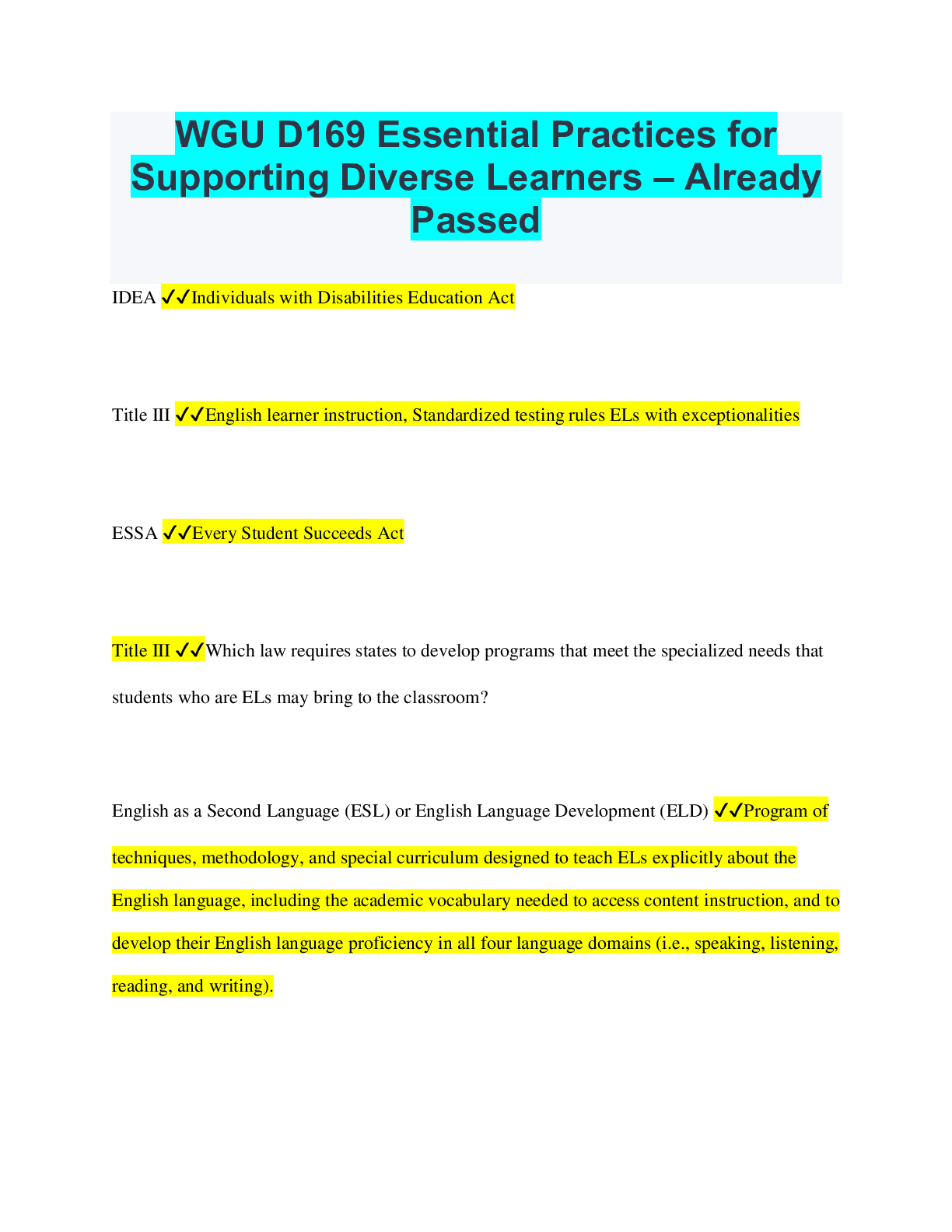 Preview of WGU D169 Essential Practices for Supporting Diverse Learners – Already Passed